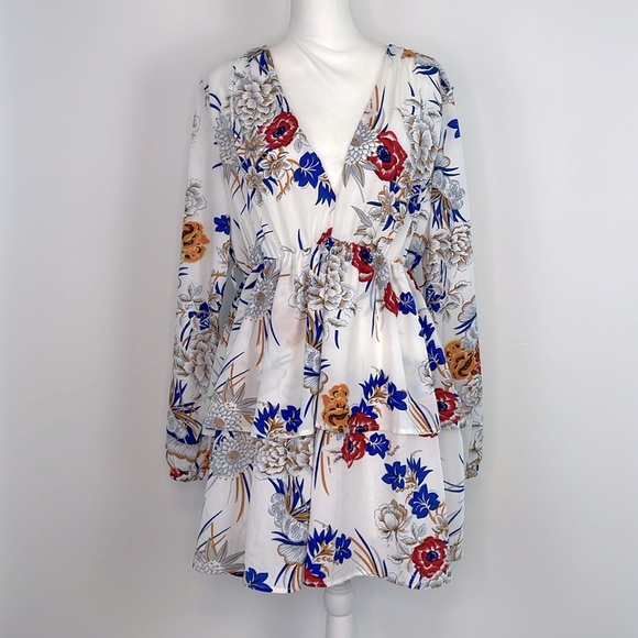 PLT Ice Grey Floral Chiffon Double Tier Plunge Skater Dress. US Size 10. NWT - Picture 3 of 16